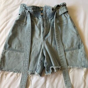 Zara Light Blue Paperbag Denim Shorts with Waist Tie